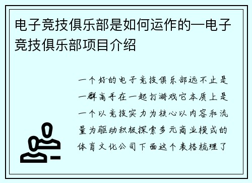 电子竞技俱乐部是如何运作的—电子竞技俱乐部项目介绍